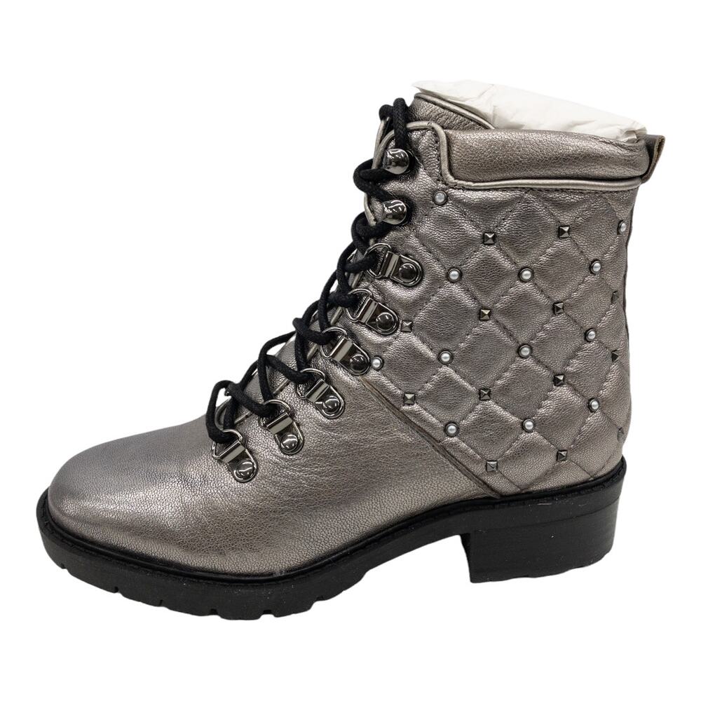 Marc Fisher Silver Metallic Lug Sole Quilted Studded Lace Up Combat Boots Size 5